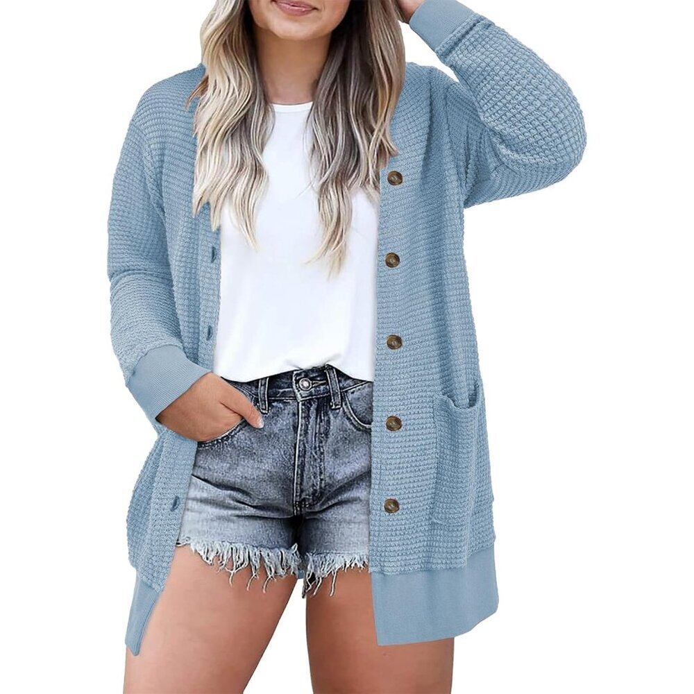 Women's Plus Size Waffle Knit Cardigan Soft Casual Long Sleeve with Pockets
